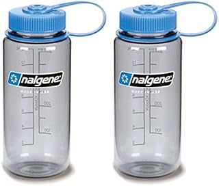 Nalgene Tritan 16oz Plastic Water Bottle Gray w/Blue Cap Wide Mouth 2-Pack