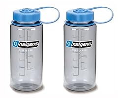 Nalgene Tritan 16oz Plastic Water Bottle Gray w Blue Cap Wide Mouth 2-Pack