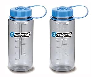 Nalgene Tritan 16oz Plastic Water Bottle Gray w Blue Cap Wide Mouth 2-Pack