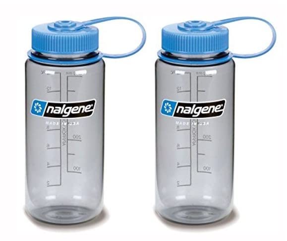 Nalgene Tritan 16oz Plastic Water Bottle Gray w Blue Cap Wide Mouth 2-Pack