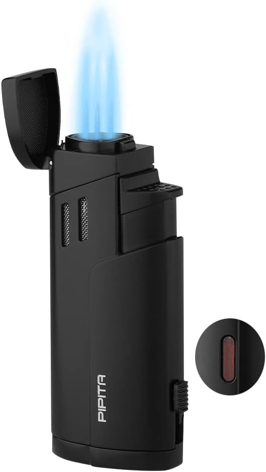 Cigar Triple Jet Flame Lighter, Windproof Cigar Lighter Refillable Butane Gas Torch Pocket Lighter for BBQ, Camping, Outdoor and Candles, Gifts for Him Men (Without Gas)