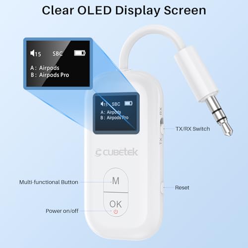 Image of Cubetek SafeFly Pro Bluetooth V5.3 Transmitter Receiver with OLED Screen for 2 Bluetooth Headphones, AptX LL /HD /AD, Use with Any 3.5MM Jack on Airplane, TV & Home Audio System
