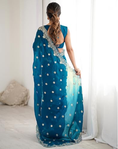 Image of Satrani Women's Shimmer Chiffon Dual Tone Scalloped Border Sequins Embroidery Saree with Unstitched Blouse Piece