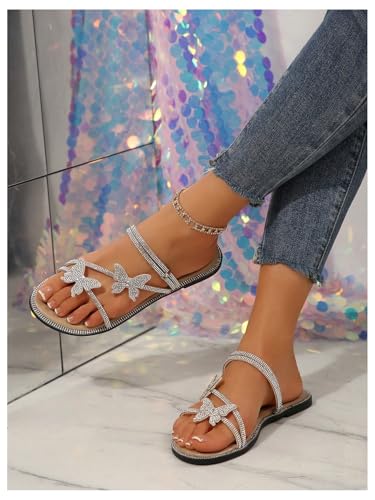 Image of OYOANGLE Women's Silver Rhinestone Sandals Sparkly Dressy Flat Sandals