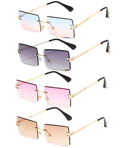 Long Keeper Gafas de sol rectangulares sin montura UV400 Gafas cuadradas sin marco de moda antideslumbrante para mujer (Polvo azul dorado+Gris degradado dorado+Morado+Marrón) Cover