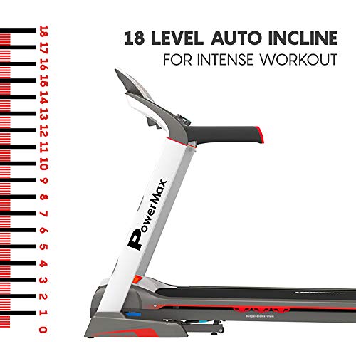 Image of PowerMax Fitness TAC-400 6HP AC Motorized Semi-Commercial Auto-incline Treadmill for Home Gym, Max user 140kg, Top speed 18kmph, 1400x450mm Running deck, Manual Lubrication, Bluetooth, USB, Speaker.