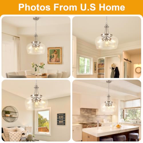 Image of Modern Pendant Lights Kitchen Island, 3-Light Brushed Nickel Pendant Light Fixtures with 14.2 inch Clear Glass Shade,Industrial Hanging Pendant Lights Fixture for Kitchen Island Dining Room Entryway Foyer
