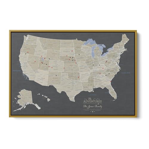 Image of United States Travel Map with Pins - Earth Tone USA Pinnable Map to Track Travels - Canvas Wall Art Gift for Travelers - Gold Float Frame - 24 inch x 36 inch