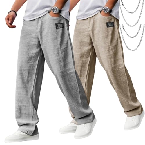 Mokaloha Mens Pants, Cocoparo Men's Casual Hemp Embroidered Logo Drawstring Loose Elastic Waist Pocket Trousers