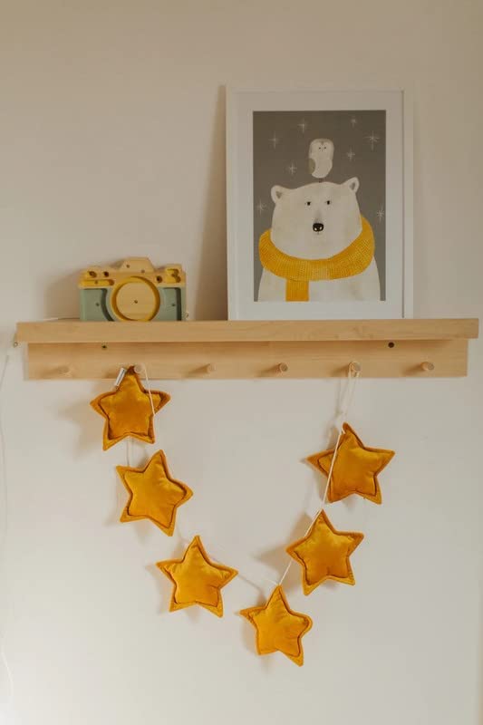 Peach Cuddle Velvet Fabric Star Bunting for Kids Room Decoration (Pack of 1, 6 Stars, Mango Yellow) Nursery Decoration, Wall Decoration, Star Bunting, Fabric Bunting Garland