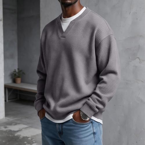 Mens Waffle Shirt Long Sleeve V Neck Fake 2 Piece Casual Layered Shirt - image 3