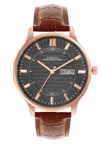Image of French Connection Textured Grey Round Dial with Brown Leather Strap Watch - for Mens FCN0123BRL