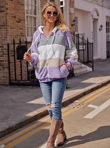 Fleecejacke Hoodie Damen Kapuzenpullover Teddy-Fleece Warm Herbst Wintermantel Stilvoller ReißVerschluss Fellmantel PlüSchjacke Mit Taschen (Lila, M)
