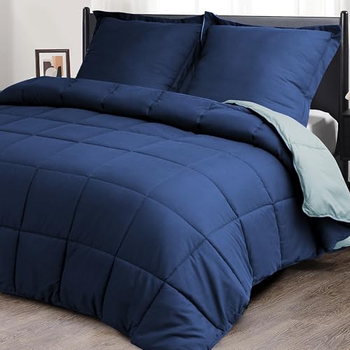 HIG Edredón 155x200 cm + 2 Fundas de Almohada 80x80 cm – Azul Marino Öko-Tex, Cosido en caja, Relleno de alternativa a plumón 1300 g (250 g/m²), Suave