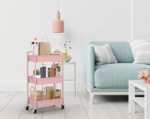 Image of CAXXA 3-Tier Rolling Metal Storage Organizer - Mobile Utility Cart with Caster Wheels, Pink