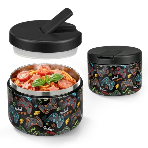 Image of Pawtong 12oz Insulated Vacuum Food Jar with Buckle Lid Wide Mouth Soup Thermo for Hot Food Kids Leakproof Stainless Steel Lunch Container (Black-Game)