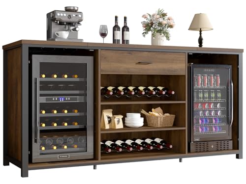 LVB 70.9” Bar Cabinet with Fridge Space, Long Liquor Cabinet with Wine Coolers Space, Large Wood Coffee Bar Cabinet with Drawer Storage, Industrial Sideboard Buffet for Kitchen Dining Room, Rustic Oak