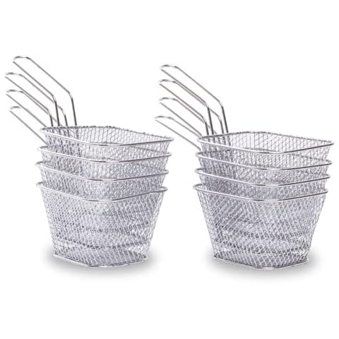 Tola-Trade Mini Edelstahl Frittierkörbe, Pommeskörbe | 2, 4, 8 STK. | Top-Qualitäts Pommesgitter, Ideal zum Servieren, Aufbewahren, Präsentieren von Speisen | Farbe Silber Cover