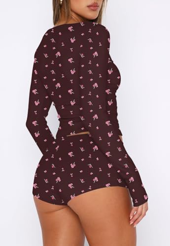 Image of REVETRO Fall Womens 2 Piece Pajama Sets Sexy PJ Shorts Y2k V Neck Long Sleeve Lounge Set Sleepwear with Button Down