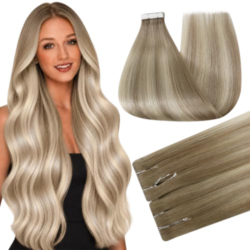 Full Shine Injected Tape In Extensions Human Hair, Ash Blonde Ombre 18 Inch