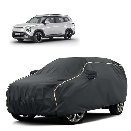 Image of Sulfar 100% Water Resistant Car Body Cover Compatible with Mirror for Kia Carens Clavis (Triple Stitched, Full Bottom Elastic, Dark Grey Tafetta with Yellow Piping)