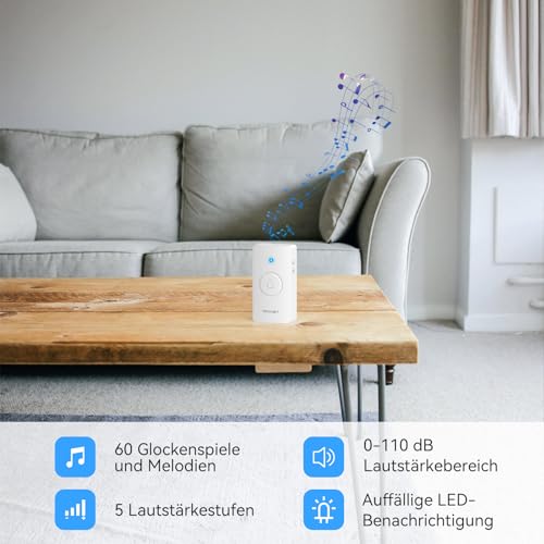TECKNET Funkklingel, kabelloses Türklingel Batteriebetrieben, wasserdichte Türklingel Set mit 400M kabelloser Reichweite, 5 Lautstärkestufen und 60 Glockenspielen mit 4,5 Jahren Batterielebensdauer