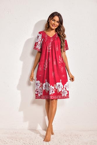 Image of Ekouaer Womens House Dress Floral Print Nightgown with Pockets Mumu Dress | V Neck Nightgowns for Women Pleated Short Sleeves Mumu Dresses Knee Length Moo Moo for Sleep, Daily Wear, Vacation, Party