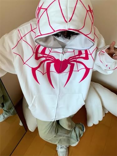 ORANDESIGNE Men's Women's Zip Hoodie Spider Print Hoodie Hip Hop Fashion Casual Velvet Lining Loose Sweater Cardigan C White XS - Image 7