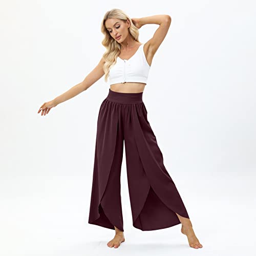 Women Flowy Split Wide Leg Pants High Waisted Yoga Pants Baggy Hippie Pants Soft Pilates Pants Boho Beach Pants Plus Size Palazzo Pants Workout Active Trousers Comfy Lounge Pants #TOP3