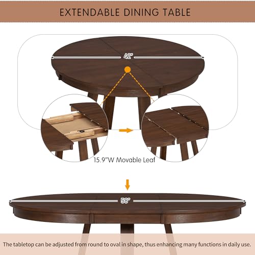 Image of Bellemave 5-Piece Dining Table Set, Extendable Round Dining Table with 16 inch Removable Leaf, 4 Upholstered Button Tufted Chairs, Acacia Veneer Tabletop (Walnut)