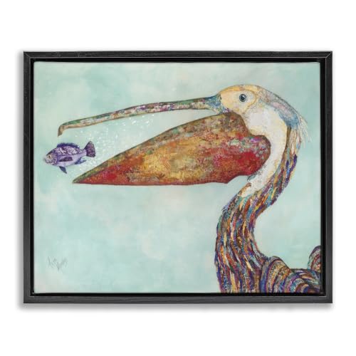 Pelican with Purple Fish Nautical, 16 x 20 Inch Canvas in Floater Frame