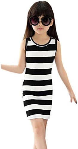 Vokamara Little Girl White Black Striped Sleeveless Casual Dress Size 6-7 Yrs