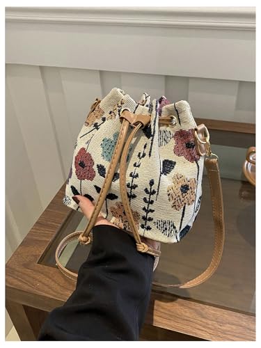 QWINEE Women's Floral Drawstring Bucket Bag Retro Vintage Small Crossbody Bag with Detachable Strap3