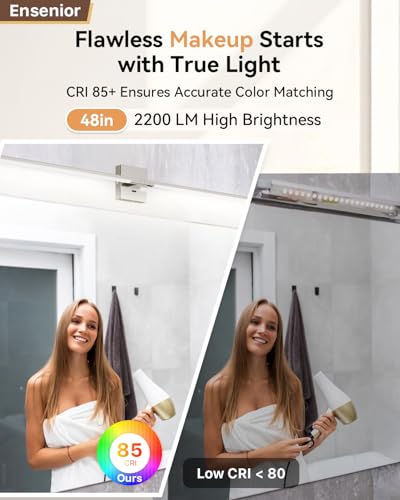 Image of Ensenior Modern Brushed Nickel Bathroom Vanity Light 48 inch, Built-in Dimmer, 2100LM Dimmable 5CCT Led Bath Lights, Bar Vanity Light for Bathroom Mirror Cabinets Bedroom-FCC & ETL Certificated