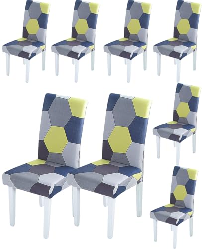 Image of Styleys Chair Covers for Dining Room, Stretch Dining Chair Cover, Washable Spandex Kitchen Chair Slipcovers (Set of 8, Multi Hexagon Pattern, SD3225)