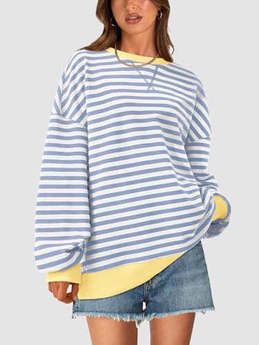Image of PRETTYGARDEN Womens Striped Oversized Sweatshirt Color Block Crew Neck Long Sleeve Casual Loose Pullover Top Y2K Clothes