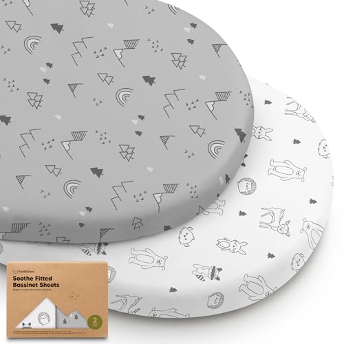 Image of 2-Pack Organic Bassinet Sheets for Girls, Boys - 100% Cotton Bassinet Mattress Sheets Compatible with Halo Bassinest Swivel Sleeper, Graco, Baby Delight, Chicco, Fitted Bassinet Sheets (Woodland)