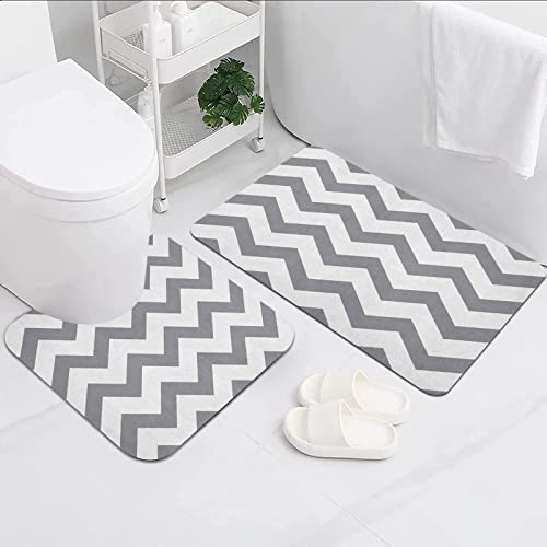 2 Pieces Bath Rug Set Bathroom,Grey Grey and White Chevron Pattern Classic Geometrical Horizontal Zig Zag Stripes Retro , Grey,Mats Set & U-shaped Floor Mats Machine Washable Bath Rug for Bathroom