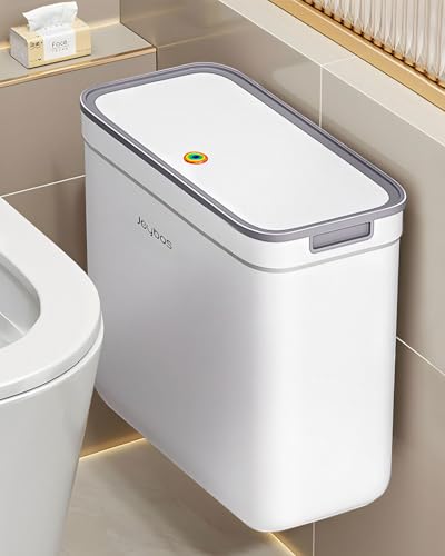 O-MART Small Slim Bathroom Trash Can with Lid, Wall Mount/Freestanding, Press Top, Pet Proof Odor Seal, No Battery, Narrow Garbage Bin for Home Office RV, 4 Gallon, White