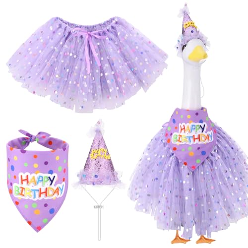 3 Pcs Porch Goose Birthday Outfit Goose Clothes Tutu Skirt Happy Birthday Hat Bandana for 23 17 Cement Goose Outdoor Garden Lawn Yard Art Decor (Purple)