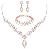 yuxiaoyu Rose Gold Wedding Prom Jewelry Set for Bride Elegant Sparkly Jewelry Sets for Women Necklace Earrings Bracelet Sets for Bride Prom Queen Princess Costume Pageant Quinceanera Birthday