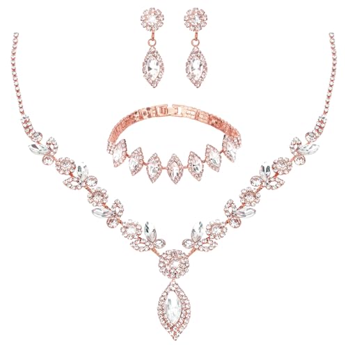 yuxiaoyu Rose Gold Wedding Prom Jewelry Set for Bride Elegant Sparkly Jewelry Sets for Women Necklace Earrings Bracelet Sets for Bride Prom Queen Princess Costume Pageant Quinceanera Birthday