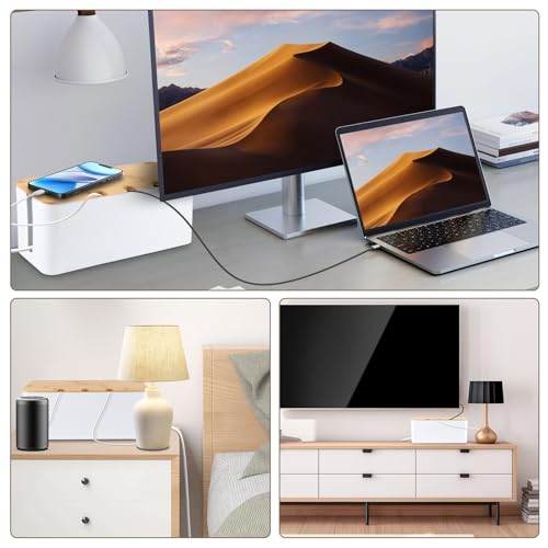 QOUBNIC Kabelmanagementbox, Kabelmanagement Box Aufbewahrungsbox für Kabel mit Bambusdeckel, Kabelaufbewahrungsbox zum Verstecken von Kabeln Organisieren von Computerverkabelung und Losen Kabeln