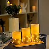 Flickering LED Candle Set with Daily Timer,Flameless Candles,Embedded String Lights Stay Lit,Golden Stripes Decorative,Real Wax,Battery Powered,Set of 3(H 4