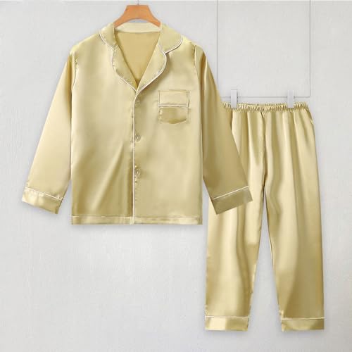 Teens Kid Satin 𝐏ajamas Set Boys Girls Button Down Silk Sl𝐞epwear 2 Piece Long Sleeve Loung𝐞wear 𝐏js Clothing Set2