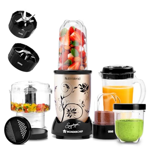 Wonderchef Nutri-blend Juicer, Mixer, Grinder & Chopper|500W 100% Full Copper Motor|Complete Kitchen Machine|4 Unbreakable Jars with Chopper|Recipe Book By Chef Sanjeev Kapoor|Champagne