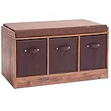 IWELL Rustic Storage Bench with 3 Removable Drawers, Entryway Bench Storage Bench with Removable Cushion, Perfect for Under Window, Hallway, mudroom, Living Room HXD001F-