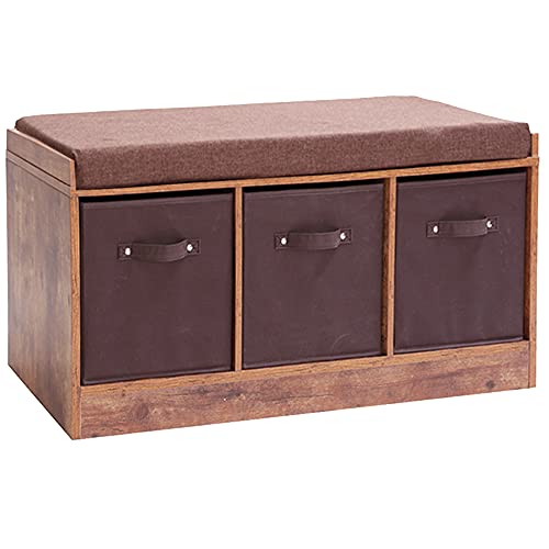 Iwell Storage Bench, Entryway Bench with Storage Drawer & Removable Padded Cushion, Storage Bench for Living Room, Mudroom, Rustic Brown