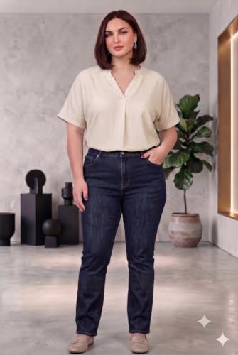 Image of SINDOORI Relaxed Fit Tops for Women Plus Size Solid Printed Mandarin Collar, Band Collar, V-Neck Top, Half Sleeve Loose Fit