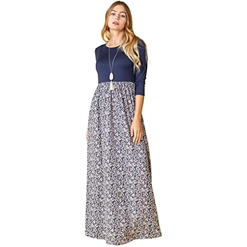 Eloges Women's ¾ Sleeve Contrast Floral | Stripe Maxi Dress (Navy/Ditsy Floral, Medium) Cover